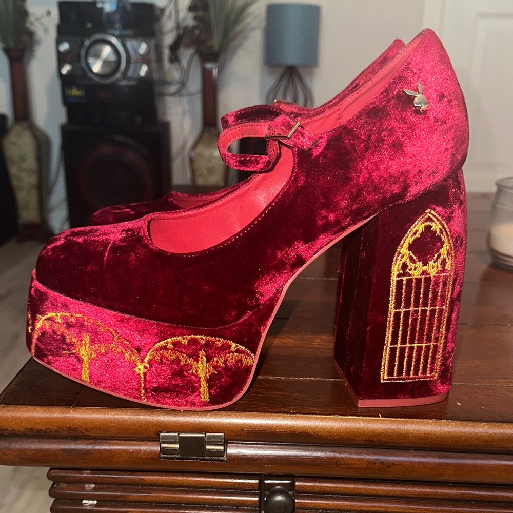 Koi x Playboy Velvet Platform Mary Jane Platform Heels - Burgundy Red